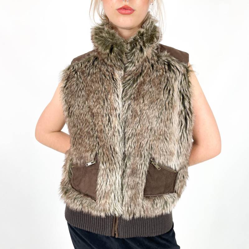 Vintage Kunstfell Braun Ärmellose Y2K Winter Zip Up Boho Weste, Größe S/Klein von zephyry2k