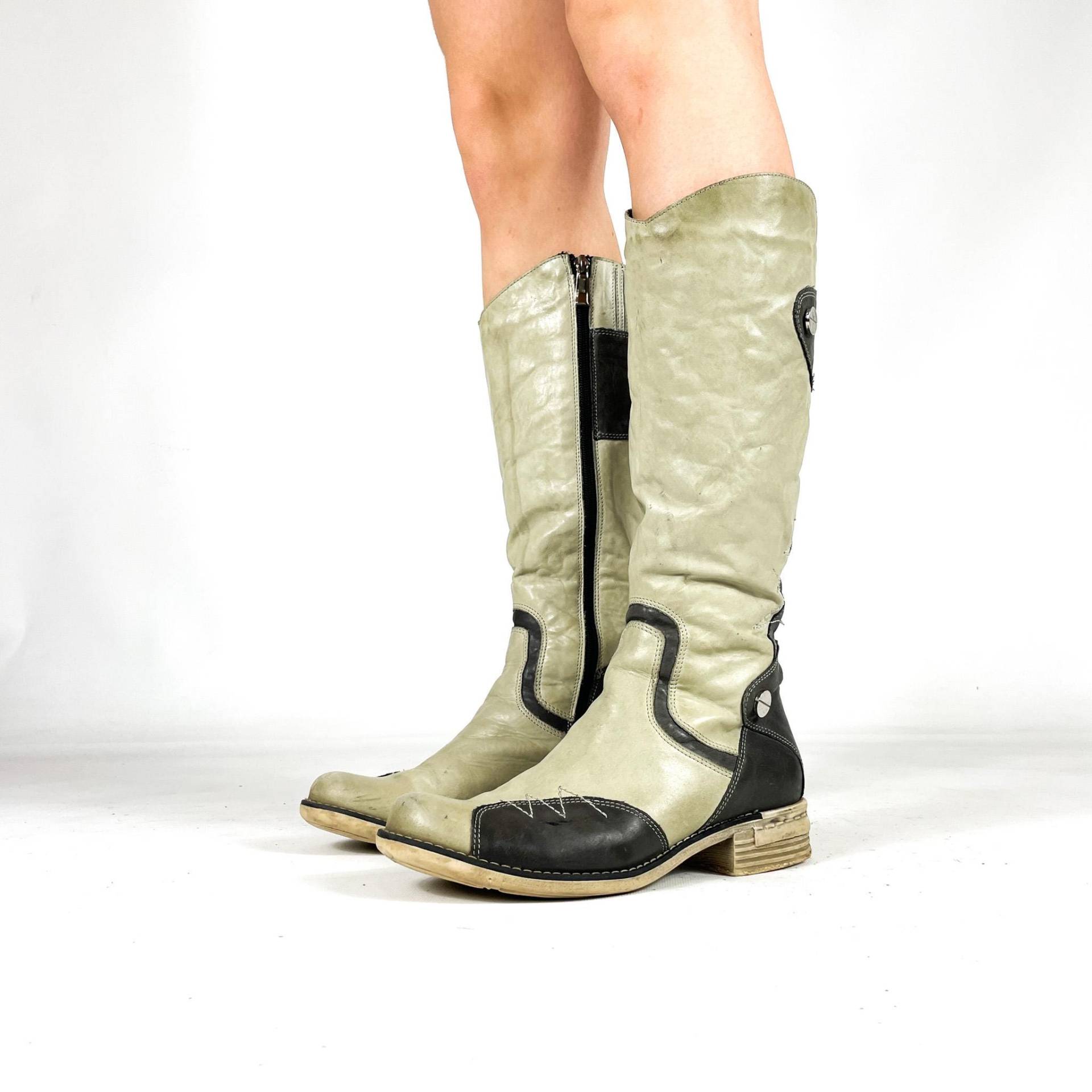 Vintage-Lederstiefel Im Westernstil, Helloliv Und Braun - Zweifarbige Cowgirl-stiefel Bis Zur Wade Größe Eu 38/Uk 5 Us 7 von zephyry2k