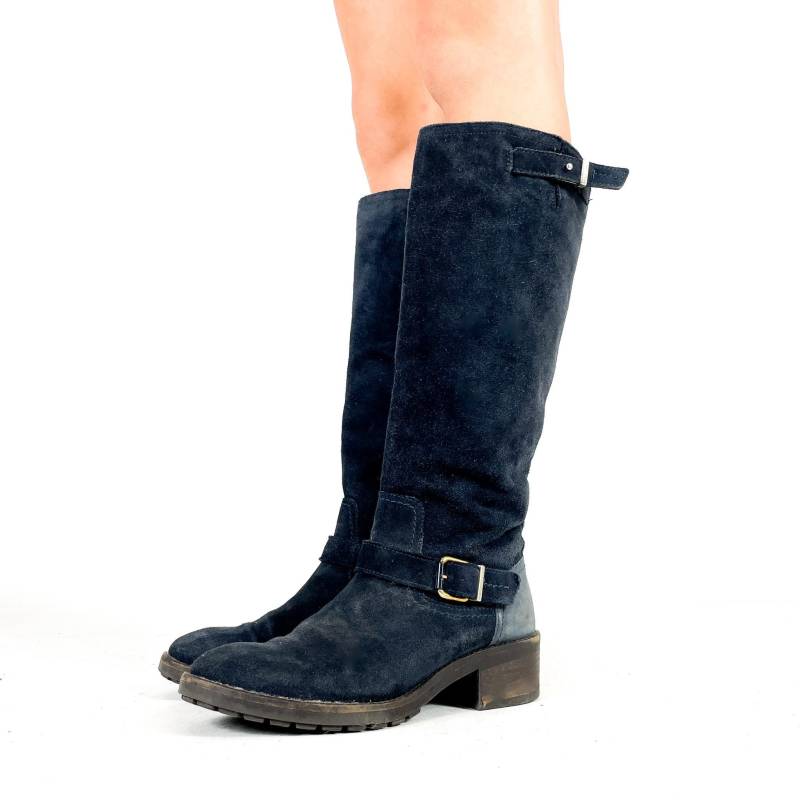 Vintage Tommy Hilfiger Dunkelblaue Stiefel Aus Echtem Wildleder - Reitstiefel Mit Schnalle Größe Eu 37/Uk 4 Us 6 von zephyry2k