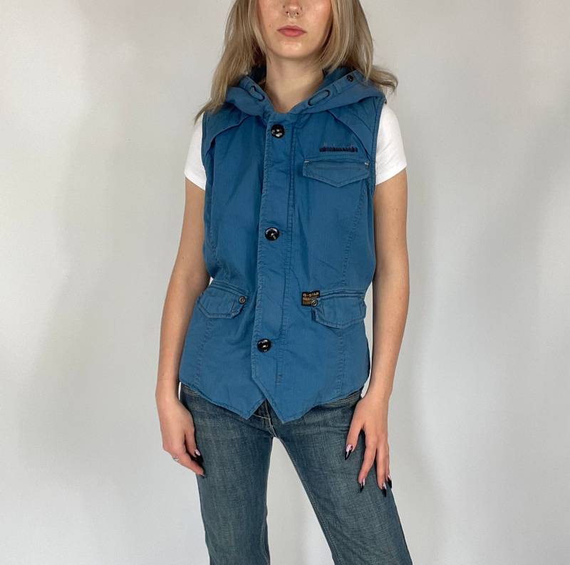 Y2K Blaue G-star Preloved Multipocket Utility Weste Mit Kapuze von zephyry2k