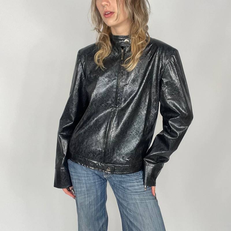 Y2K Schwarz & Grau Kunstschlangenhaut Animal Print Reißverschluss Preloved Jacke von zephyry2k