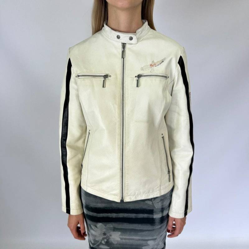 Weiße Echtleder-Bikerjacke Für Damen Mit Reißverschluss Im Rennsport-stil, Motorrad-Oberbekleidung, Herrengröße S/S von zephyry2k