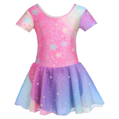 zffriction Ballettkleidung Mädchen Glitzerndes Ballettkleid Kurzarm Ballettanzug Mädchen Tanzkleid Balletttrikot mit Chiffon Rock Tütü (Regenbogen,110) von zffriction