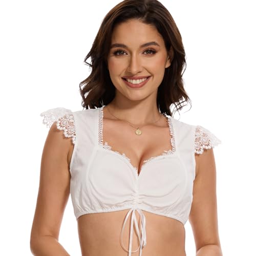 zffriction Dirndl Bluse Damen Weiß Kurzarm Dirndlbluse Spitze DirndlBlusen V Ausschnitt Kordelzu Elegante Trachtenbluse Oktoberfest (M, Weiß) von zffriction
