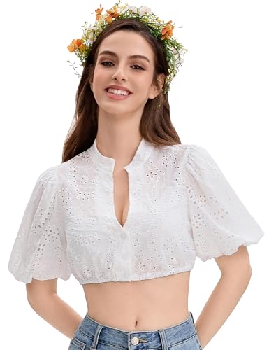 zffriction Dirndl Bluse Damen Weiß Puffärmel Dirndlbluse Trachtenbluse V-Ausschnitt Knopfleiste DirndlBlusen Kostüm Oktoberfest (DE/NL/SE/PL, Alphanumerisch, 3XL, Regular, Regular, Weiß) von zffriction