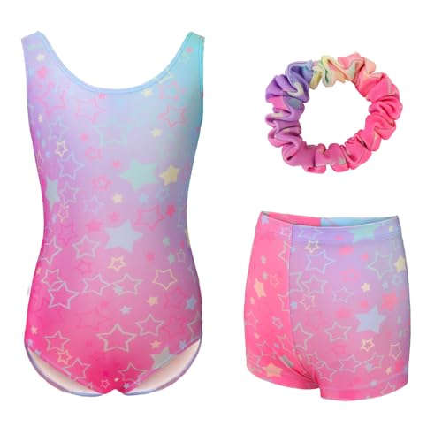 zffriction Mädchen Turnanzug Ärmellos Kinder Gymnastikanzug mit Shorts und Haarband Set Gymnastik Ballett Trikot für 5-12 Jahre (Bunte Sterne, 150) von zffriction