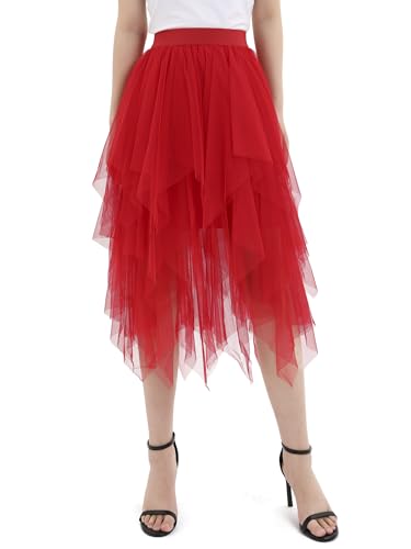zffriction Tüllrock Damen Lang Tüll Rock Elastische Taille A Linie Unregelmäßiger Mesh Sommerrock Täglich, Party, Karneval (Einheitsgröße, Rot) von zffriction