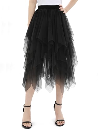 zffriction Tüllrock Damen Lang Tüll Rock Elastische Taille A Linie Unregelmäßiger Mesh Sommerrock Täglich, Party, Karneval (Einheitsgröße, Schwarz) von zffriction