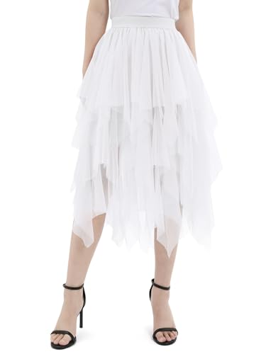 zffriction Tüllrock Damen Lang Tüll Rock Elastische Taille A Linie Unregelmäßiger Mesh Sommerrock Täglich, Party, Karneval (Einheitsgröße, Weiß) von zffriction