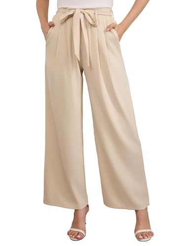zffriction Weite Hose Damen Hohe Taille Anzughosen mit Krawatte-Knoten, Gerade Stoffhose Elegant Sommer Hosen mit Taschen (DE/NL/SE/PL, Alphanumerisch, L, Regular, Regular, Beige) von zffriction