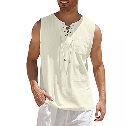 zhandouji Herren Leinenhemd Ärmellos Sommer Hemd Shirt Strandhemd Bandage Kragenloses Shirts Tank Tops Basic Mann Tshirt Leinen Lose Atmungsaktiv Bequem Freizeithemd Strand Top, Beige, M von zhandouji