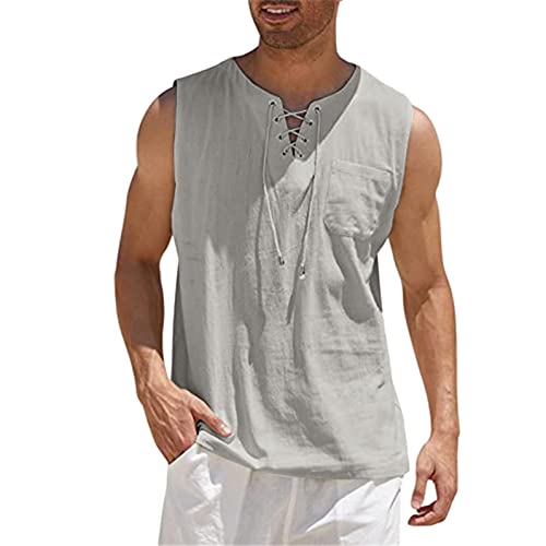 zhandouji Herren Leinenhemd Ärmellos Sommer Hemd Shirt Strandhemd Bandage Kragenloses Shirts Tank Tops Basic Mann Tshirt Leinen Lose Atmungsaktiv Bequem Freizeithemd Strand Top, Grau, 3XL von zhandouji