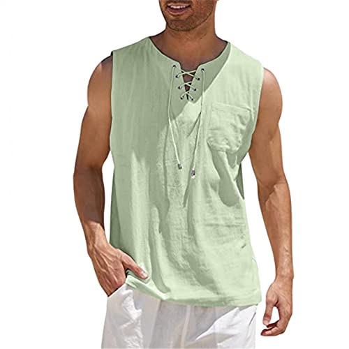 zhandouji Herren Leinenhemd Ärmellos Sommer Hemd Shirt Strandhemd Bandage Kragenloses Shirts Tank Tops Basic Mann Tshirt Leinen Lose Atmungsaktiv Bequem Freizeithemd Strand Top, Grün, L von zhandouji