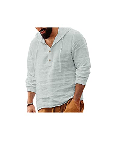 Leinenhemd Herren Langarm Strand Hemd Shirts Sommer Regular Fit Freizeithemd Strandhemd mit Kapuze Kordelzug Strandshirt Hemden Henley Mann Sommerhemd Shirt von zhandouji