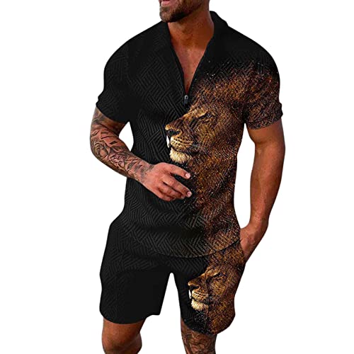 zhandouji Trainingsanzug für Herren Sportanzug 2 Teiliges Outfit Sport Set Kurzarm Tops T-Shirts Kurze Hose Sets Hawaii Freizeitanzug Männer Business Shirt Hemd + Sporthose Shorts (a-Gold, L) von zhandouji