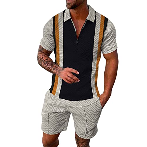 zhandouji Trainingsanzug für HerrenSportanzug 2 Teiliges Outfit Sport Set Kurzarm Tops T-Shirts Kurze Hose Sets Hawaii anzug Männer Business Shirt Hemd + Sporthose Shorts (g-Khaki, L) von zhandouji