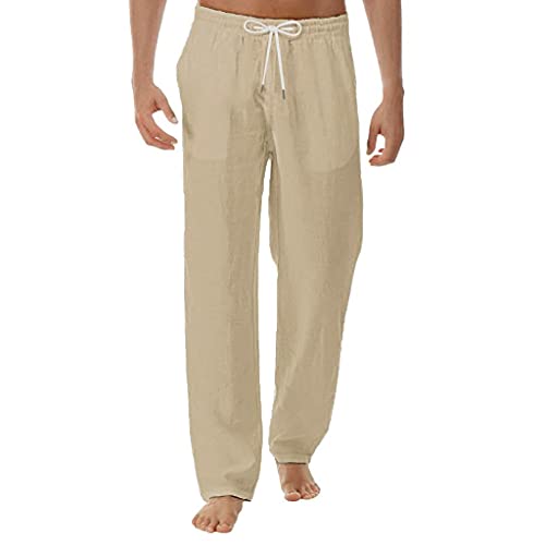 zhandouji Leinenhose Herren Lang Freizeithose Sommerhose Leinen Baumwolle Leicht Strandhose Einfarbig Elastisch Gummibund Kordelzug Herrenhosen Sommer Casual Mann Hose von zhandouji