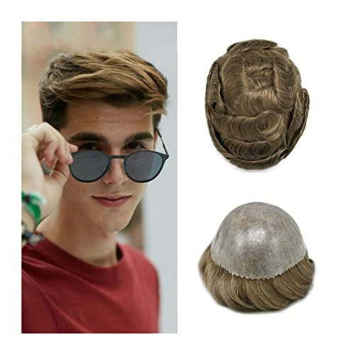 Herrenperücke Herren-Toupet, Echthaar, 0,1–0,12 mm, transparent, eingespritzte PU-Haut, männliches Toupet, Haarteil, natürlicher Haaransatz, mittelblondes Männer-Haarersatzsystem Perücke Herren(8x10) von zhangrui1888