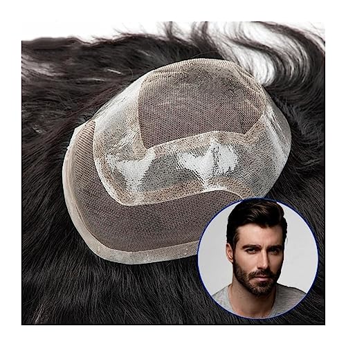 Herrenperücke Toupet for Männer, feine französische Spitze mit PU um den atmungsaktiven Herrenhaarersatz, 120% Dichte, echtes Echthaar-Ersatzsystem (#1B) Perücke Herren(Straight,6x8) von zhangrui1888