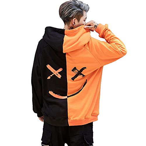 Unisex-Kapuzenpullover Basic Hoodie Herren-kapuzeniert Smiley Sweatshirt Sweat-Pullover Rundhals-Sweatjacke Känguruh-Tasche Casual Hip Hop (DE/NL/SE/PL, Alphanumerisch, XL, Orange+Schwarz) von zhaojiexiaodian