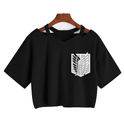 Attack on Titan T-Shirt Manga Japanischer Anime Shingeki No Kyojin T-Shirt Gothic Harajuku T-Shirt Punk V-Ausschnitt Sexy Crop Tops T-Shirt (S,Color 1) von zhedu