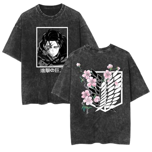 zhedu Gewaschene Neue Anime T-Shirts Mit AOT Grafik Übergroße Kurze Ärmel Trendige Atmungsaktive T-Shirts Mit Beidseitigem Druck Und Überschnittenen Schultern (M,Color 04) von zhedu