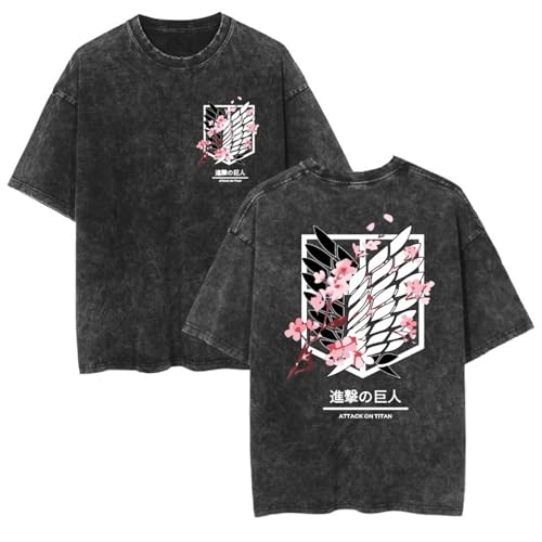 zhedu Gewaschene Neue Anime T-Shirts Mit AOT Grafik Übergroße Kurze Ärmel Trendige Atmungsaktive T-Shirts Mit Beidseitigem Druck Und Überschnittenen Schultern (S,Color 01) von zhedu