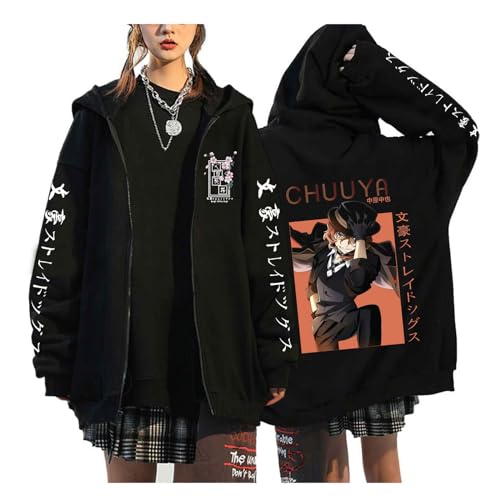 zhedu Bungou Stray Dogs Plus Size Zip Up Pullover Japan Anime Manga Hoodies Unisex Teenager Harajuku Drop Shoulder Lässige Hip Hop Streetwear (Color 03,XXL) von zhedu