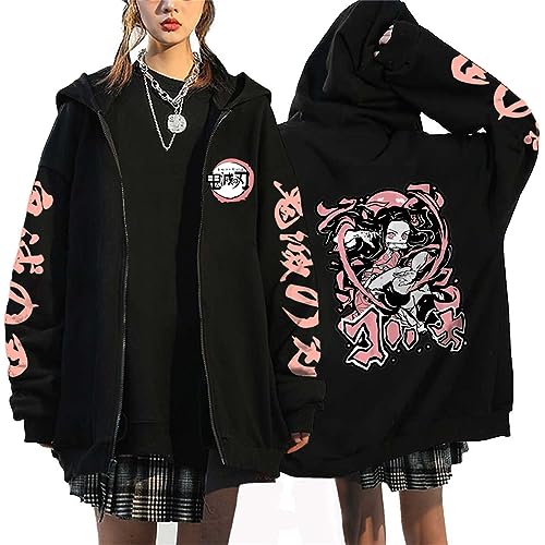 zhedu Demon Slayer Zip Up Hoodie Kamado Nezuko Grafik Harajuku Langarm Y2k Casual Oversize Hip Hop Punk Streetwear Mantel (L,Color 03) von zhedu