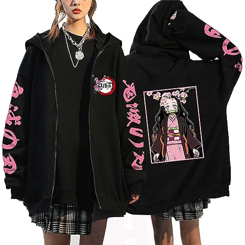 zhedu Demon Slayer Zip Up Hoodie Kamado Nezuko Grafik Harajuku Langarm Y2k Casual Oversize Hip Hop Punk Streetwear Mantel (M,Color 02) von zhedu