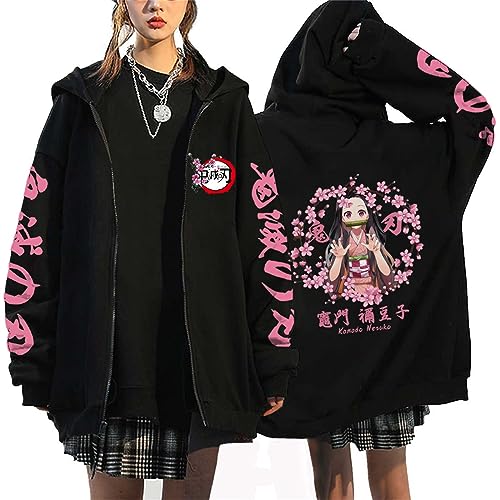 zhedu Demon Slayer Zip Up Hoodie Kamado Nezuko Grafik Harajuku Langarm Y2k Casual Oversize Hip Hop Punk Streetwear Mantel (S,Color 01) von zhedu