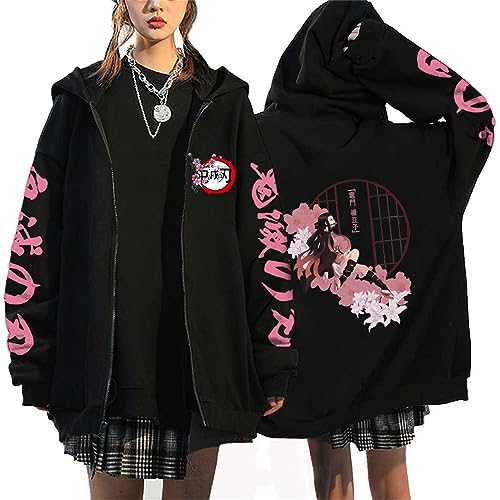 zhedu Demon Slayer Zip Up Hoodie Kamado Nezuko Grafik Harajuku Langarm Y2k Casual Oversize Hip Hop Punk Streetwear Mantel (XXS,Color 04) von zhedu