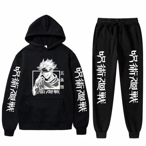 zhedu Jujutsu Kaisen Hoodie Trainingsanzug Unisex Hoodies + Hosen Zweiteiliges Set Streetwear Anime Cartoon Hoodies Lässiger Outdoor-Sportanzug (color 01,3XL) von zhedu