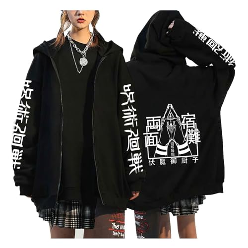 zhedu Jujutsu Kaisen Reißverschluss Hoodie Anime Harajuku Print Langarmjacke Hip Hop Streetwear Reißverschluss Warmer Übergroßer Mantel (Color 04,XL) von zhedu