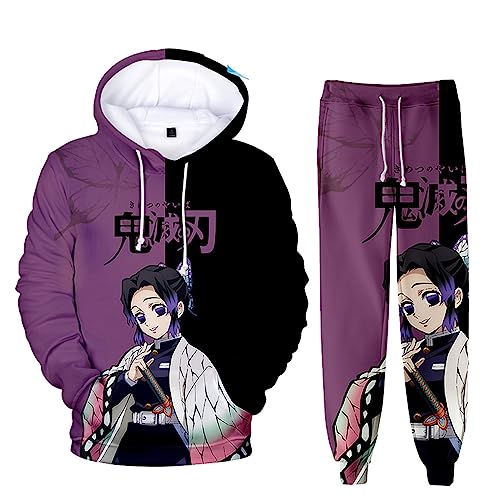 zhedu Unisex Anime Demon Slayer Hoodie Set 2 Stück Sweatshirt + Hose Herren Damen Cosplay Anzug (3XL,Kochou Shinobu) von zhedu