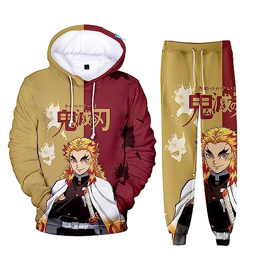 zhedu Unisex Anime Demon Slayer Hoodie Set 2 Stück Sweatshirt + Hose Herren Damen Cosplay Anzug (3XL,Rengoku Kyoujuro) von zhedu