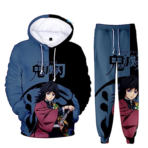 zhedu Unisex Anime Demon Slayer Hoodie Set 2 Stück Sweatshirt + Hose Herren Damen Cosplay Anzug (4XL,Giyuu Tomioka) von zhedu