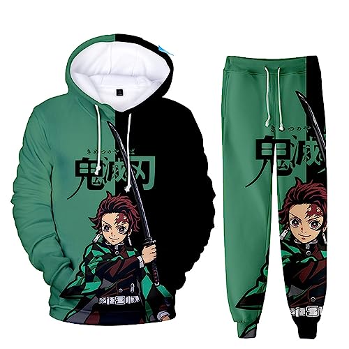 zhedu Unisex Anime Demon Slayer Hoodie Set 2 Stück Sweatshirt + Hose Herren Damen Cosplay Anzug (L,Kamado Tanjirou) von zhedu