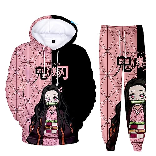 zhedu Unisex Anime Demon Slayer Hoodie Set 2 Stück Sweatshirt + Hose Herren Damen Cosplay Anzug (XS,Kamado Nezuko) von zhedu