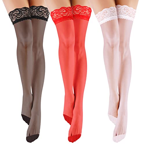 zhibeisai 3 Paar Damen-Spitze-Oberschenkel-Hohe Strümpfe, Strumpfwaren Leggings Lange Socken, Halbtransparente, Rutschfeste Seidenstrumpf-Strumpfhose für Damen und Frauen Mädchen für Valentinstag von zhibeisai