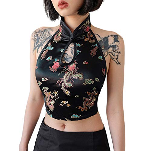 zhiwenCZW Womens chinesischen Stil Halfter ärmellose Crop Top Dragon Stickerei rückenfreie Weste von zhiwenCZW