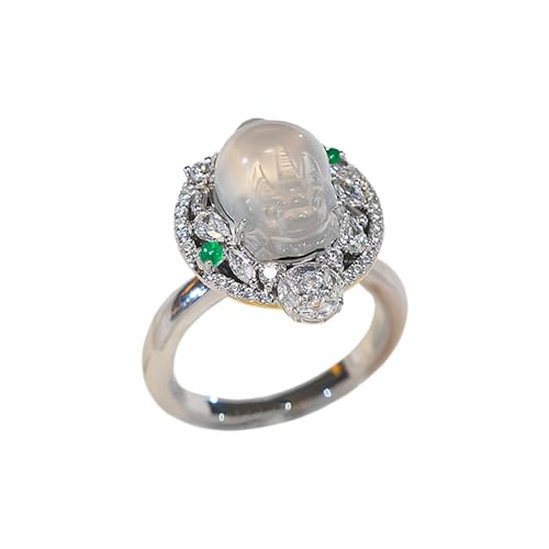 925 Sterling Silber PiXiu Jade Ring Edelstein Ring mit High Carbon Diamond Ice Chalcedon Verlobungsring für Frauen Schmuck Geschenk Geburtstag Hochzeitstag,Weiß,18mm von zhuBAOHE