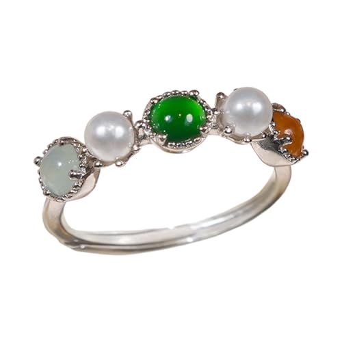 zhuBAOHE 18 Karat vergoldeter Ring, natürlicher dreifarbiger Jade-Ring, Sterlingsilber, sonnengrün, Smaragd, roter Achat, weiße Perle, Hochzeitsversprechen-Ring, freie Größe von zhuBAOHE