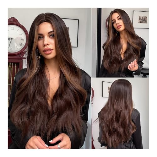Elegante braune Wellen: Lange synthetische Perücken mit klassischem Mittelteil for Frauen – entfesseln Sie Ihr feminines Flair mit luxuriösen Wellenlocken von zhuyanbo007