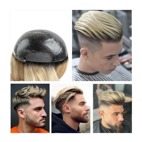 Herren-Perücken, die den Haarausfall abdecken, Echthaar-Toupet for Männer, Ombre-Blond mit schwarzen Wurzeln, männliche Haarprothese, 0,08 mm PU, geknotete Haut, Herrenhaarteil, indisches Remy-Glattha von zhuyanbo007