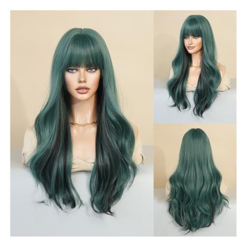 Neue Mode Perücke Frauen Lange Lockige Haar Kopf Set Europäischen Und Amerikanischen Stil Pony Gefärbt Haar Große Welle Haar set(BlackandGreenhighlights) von zhuyanbo007