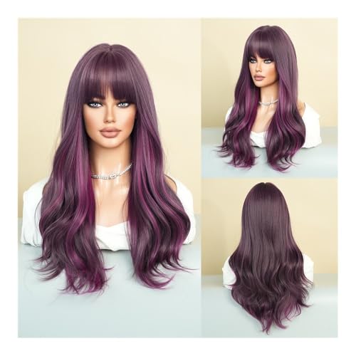 Neue Mode Perücke Frauen Lange Lockige Haar Kopf Set Europäischen Und Amerikanischen Stil Pony Gefärbt Haar Große Welle Haar set(Purplehighlights) von zhuyanbo007