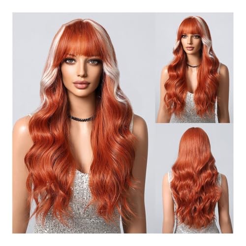 Perücke Damen Langes Haar Lockiges Haar Doppelte Farbe Optional Qi Bangs Big Wave Fashion Highlight Dye Whole Top Hair Set Perücken(Orange) von zhuyanbo007
