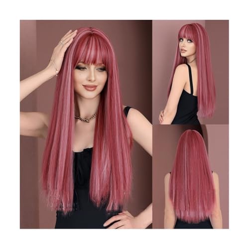 Perücke Frau Langes Glattes Haar Rosa Highlight Mädchen Vollkopfperücke(Pinkhighlights) von zhuyanbo007