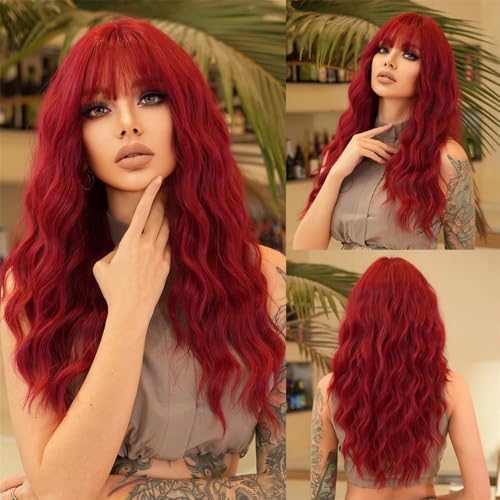 Rotbraune Perücke, langes lockiges Haar, Perücke for Damen, tägliche synthetische Perücken mit Pony(Burgundy) von zhuyanbo007